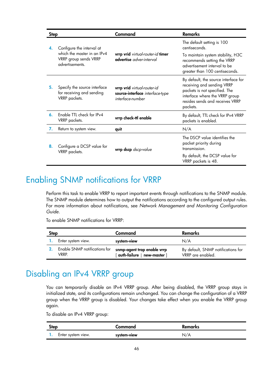 Enabling snmp notifications for vrrp, Disabling an ipv4 vrrp group, Automatically shutting down unidirectional links | H3C Technologies H3C S12500-X Series Switches User Manual | Page 54 / 120