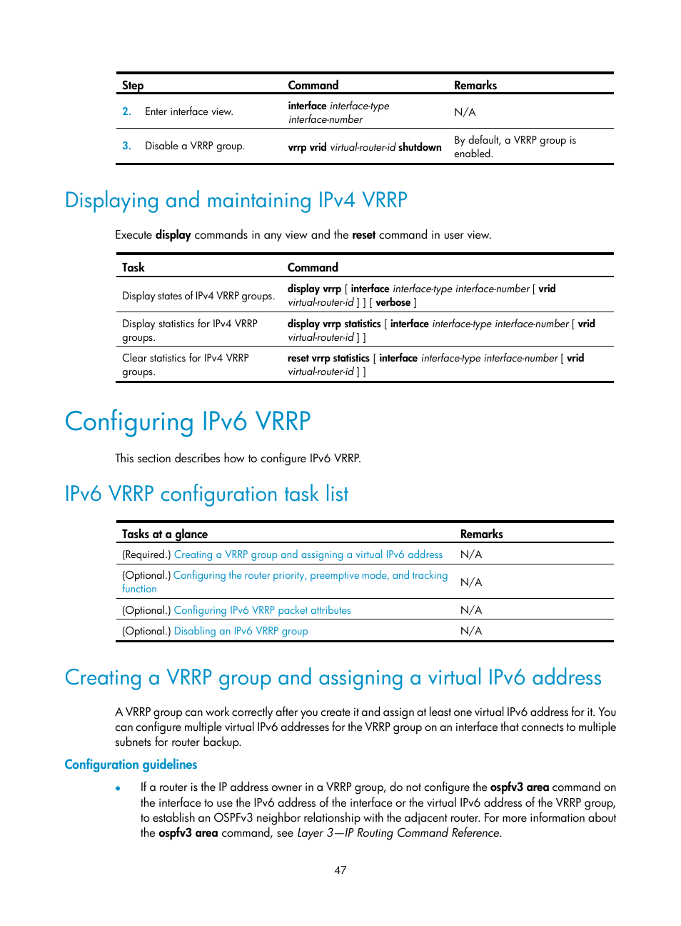 Displaying and maintaining ipv4 vrrp, Configuring ipv6 vrrp, Ipv6 vrrp configuration task list | Configuration guidelines | H3C Technologies H3C S12500-X Series Switches User Manual | Page 55 / 120