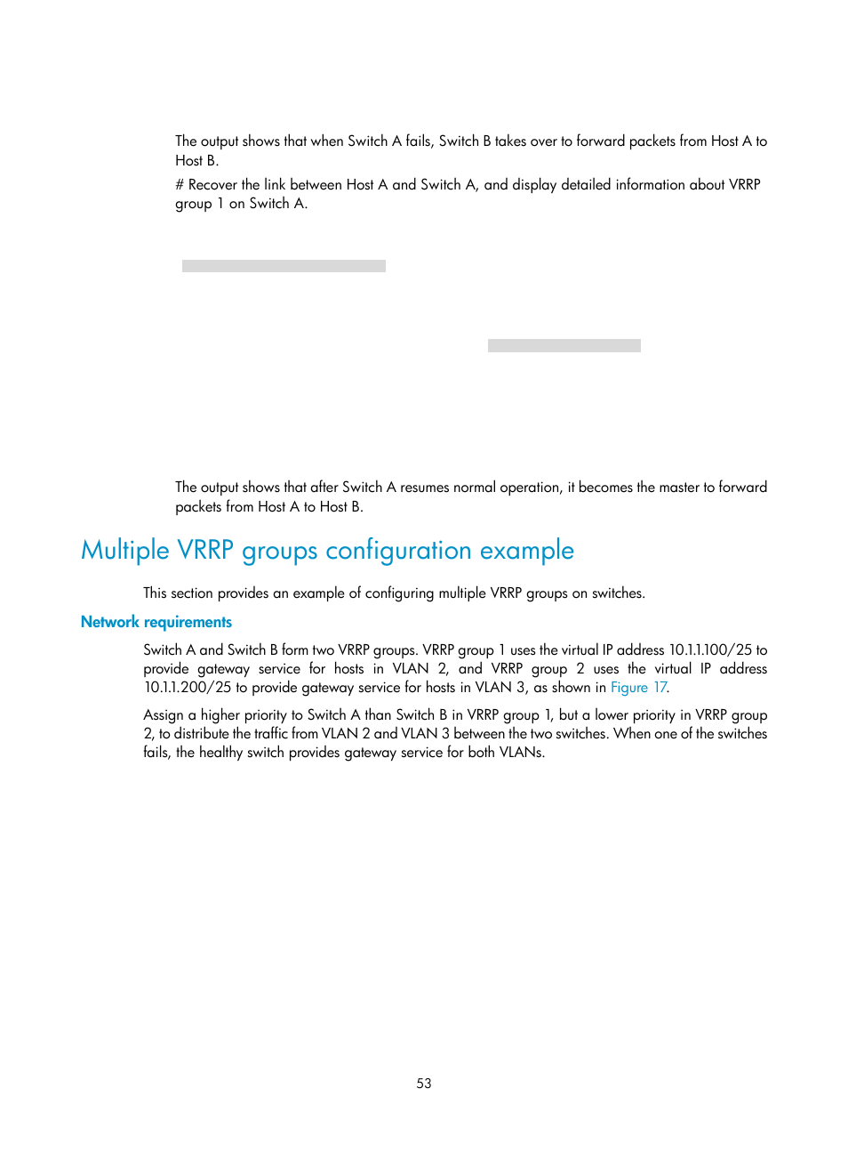 Multiple vrrp groups configuration example, Network requirements | H3C Technologies H3C S12500-X Series Switches User Manual | Page 61 / 120