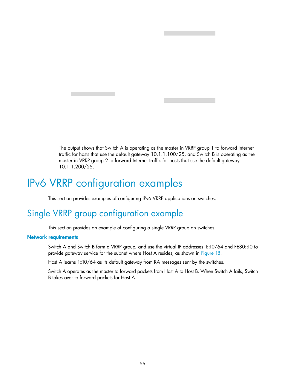 Ipv6 vrrp configuration examples, Single vrrp group configuration example, Network requirements | Overview | H3C Technologies H3C S12500-X Series Switches User Manual | Page 64 / 120