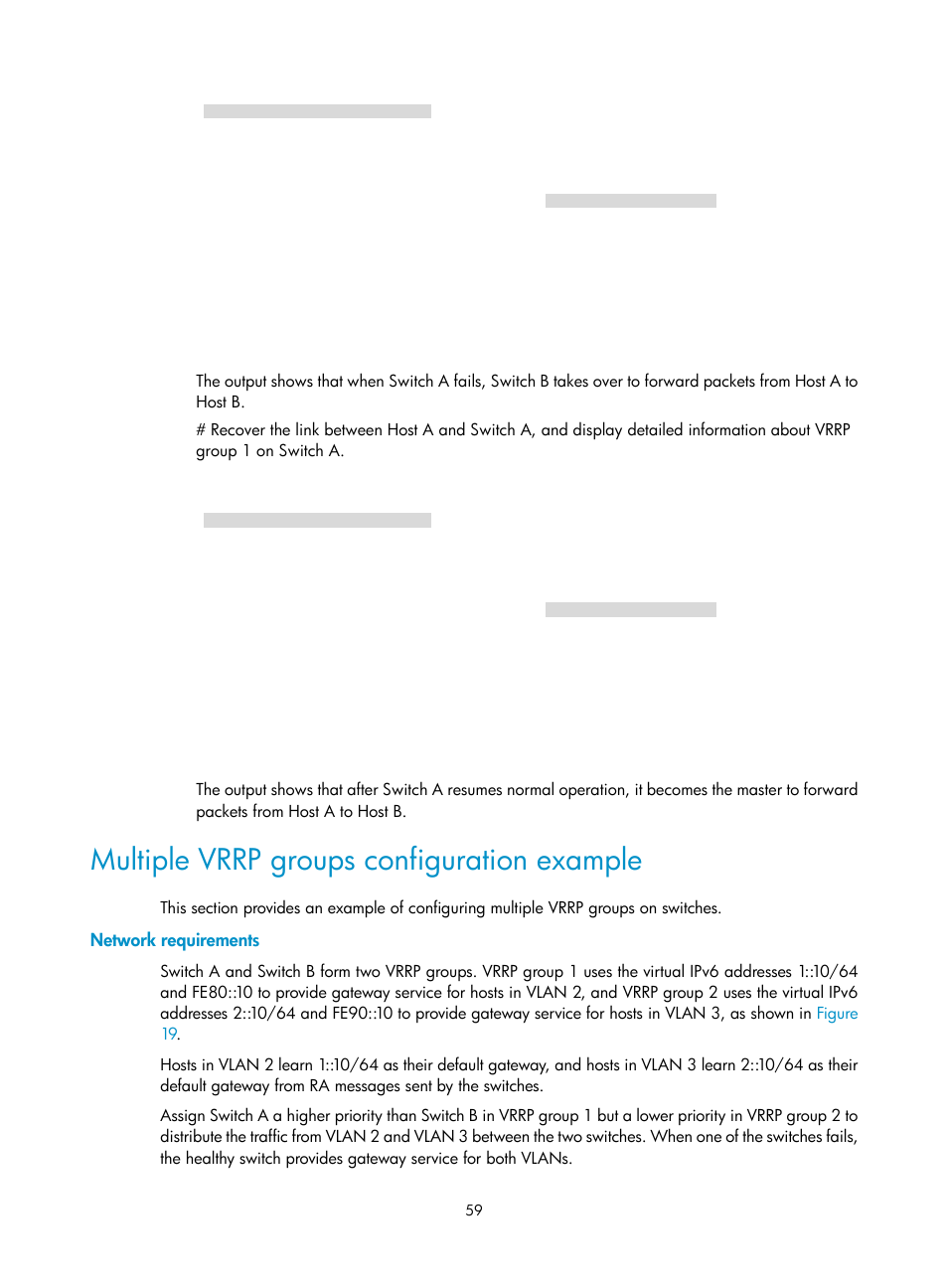 Multiple vrrp groups configuration example, Network requirements, Vrrp timers | H3C Technologies H3C S12500-X Series Switches User Manual | Page 67 / 120