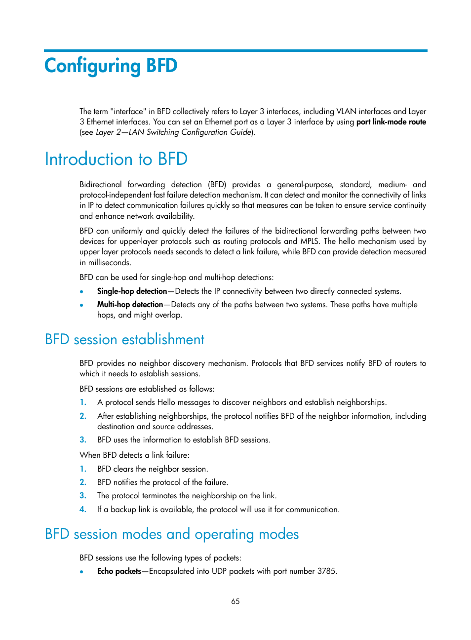 Configuring bfd, Introduction to bfd, Bfd session establishment | Bfd session modes and operating modes | H3C Technologies H3C S12500-X Series Switches User Manual | Page 73 / 120