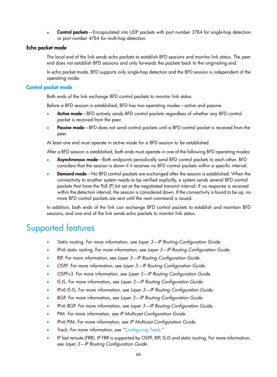 Control packet mode, Supported features | H3C Technologies H3C S12500-X Series Switches User Manual | Page 74 / 120