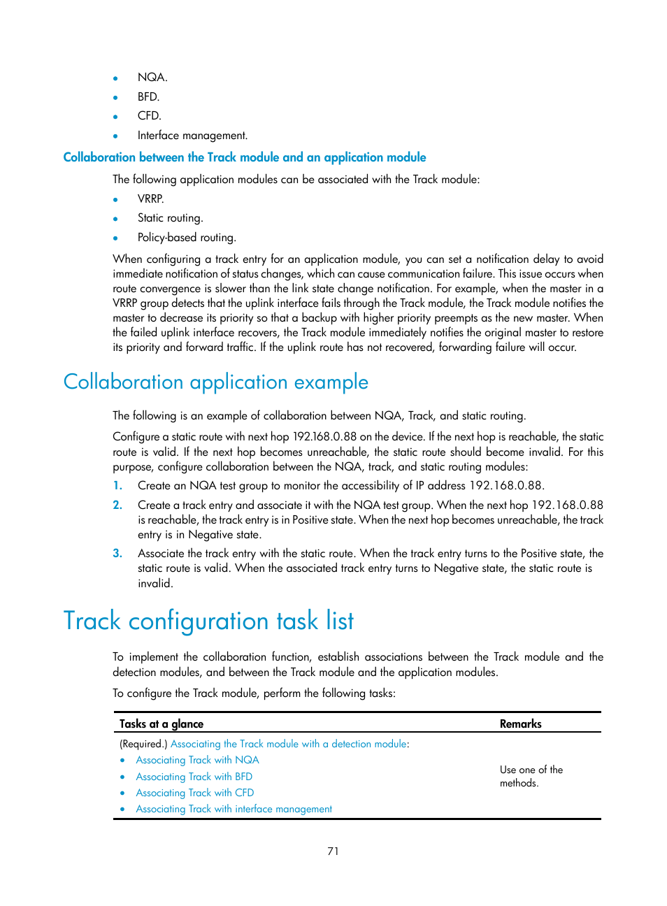 Collaboration application example, Track configuration task list, Configuring ipv6 vrrp | Ipv6 vrrp configuration task list | H3C Technologies H3C S12500-X Series Switches User Manual | Page 79 / 120