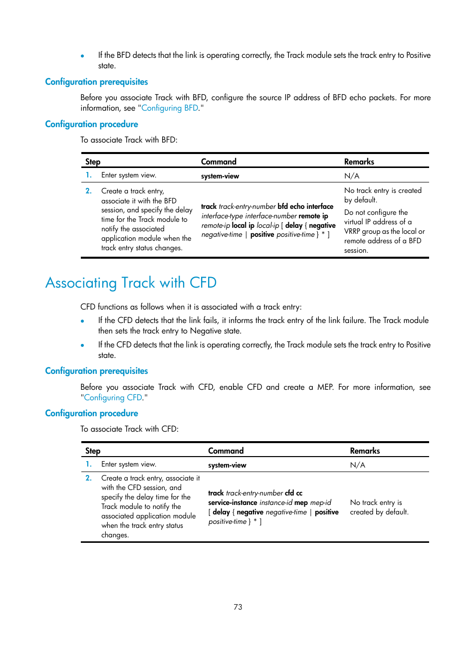 Configuration prerequisites, Configuration procedure, Associating track with cfd | H3C Technologies H3C S12500-X Series Switches User Manual | Page 81 / 120