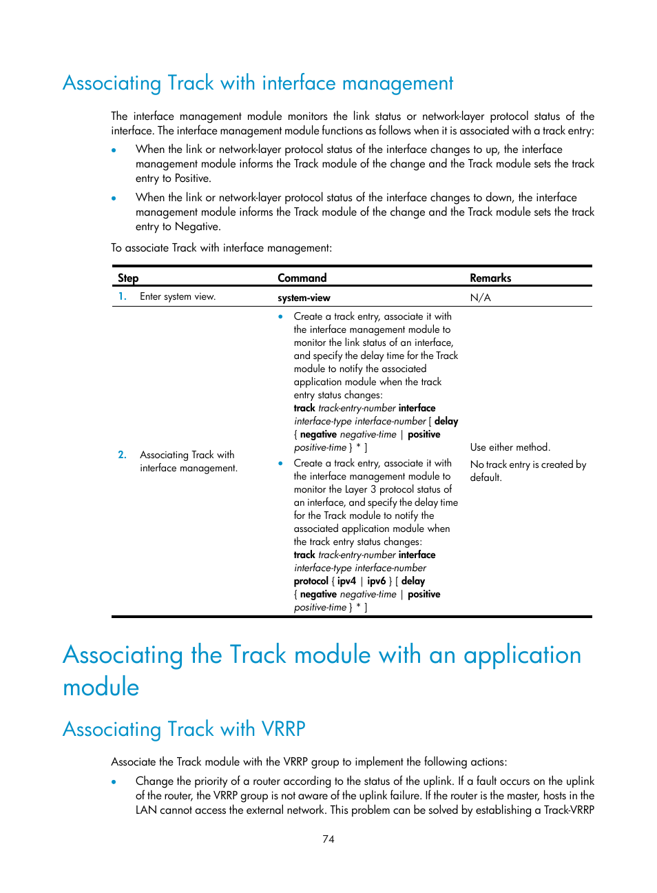 Associating track with interface management, Associating track with vrrp, Configuring ipv6 vrrp packet attributes | Required.) | H3C Technologies H3C S12500-X Series Switches User Manual | Page 82 / 120