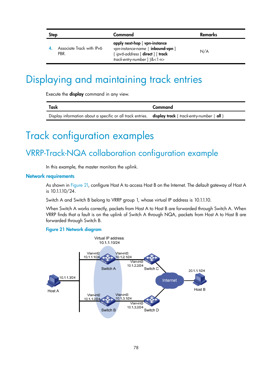 Displaying and maintaining track entries, Track configuration examples, Vrrp-track-nqa collaboration configuration example | Network requirements | H3C Technologies H3C S12500-X Series Switches User Manual | Page 86 / 120