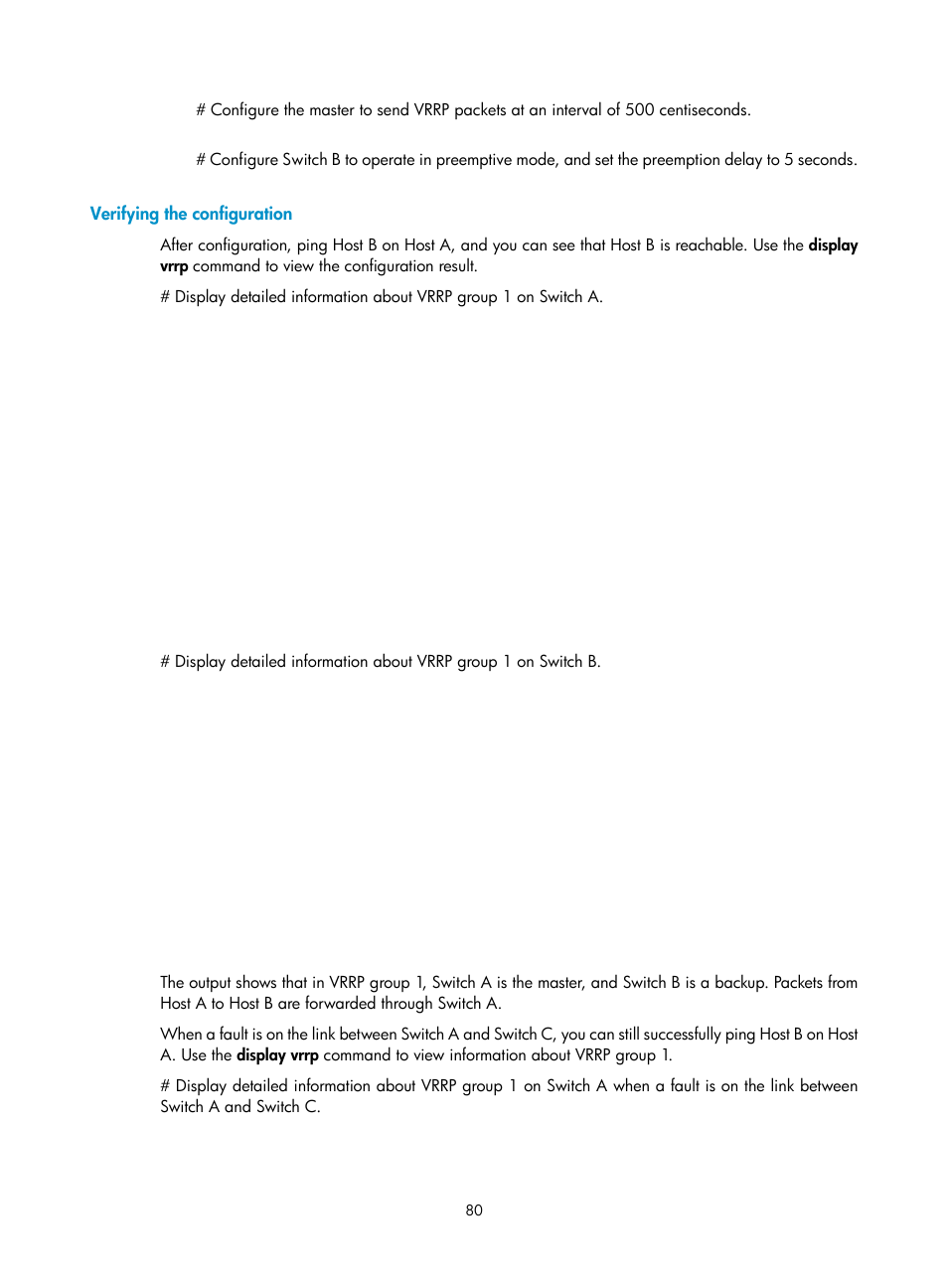 Verifying the configuration, Multiple vrrp groups configuration example | H3C Technologies H3C S12500-X Series Switches User Manual | Page 88 / 120