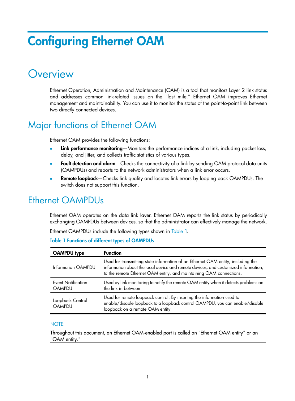 Configuring ethernet oam, Overview, Major functions of ethernet oam | Ethernet oampdus | H3C Technologies H3C S12500-X Series Switches User Manual | Page 9 / 120