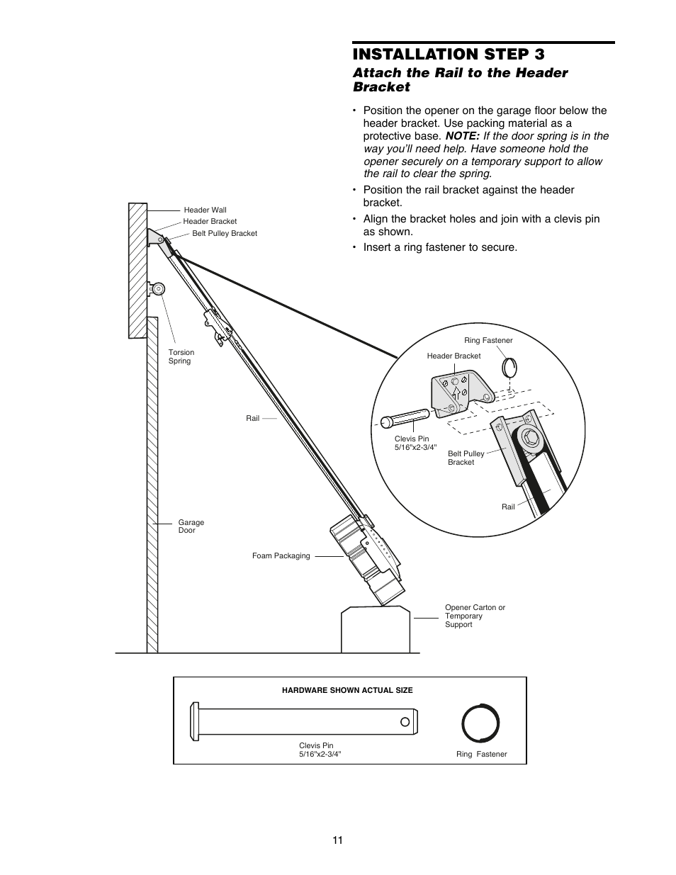 Installation step 3, Attach the rail to the header bracket | Chamberlain 2500D User Manual | Page 11 / 36