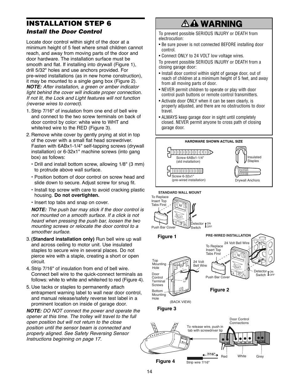 Installation step 6 install the door control, Warning caution warning warning, Installation step 6 | Install the door control | Chamberlain 2500D User Manual | Page 14 / 36