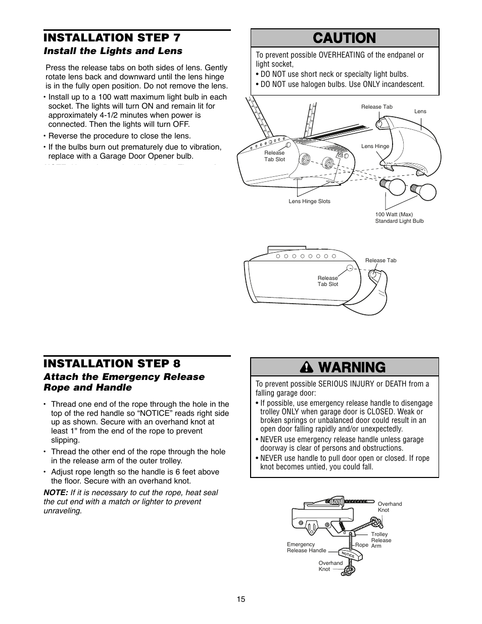 Installation step 7 install the lights and lens, Warning caution warning warning, Installation step 7 | Installation step 8 | Chamberlain 2500D User Manual | Page 15 / 36