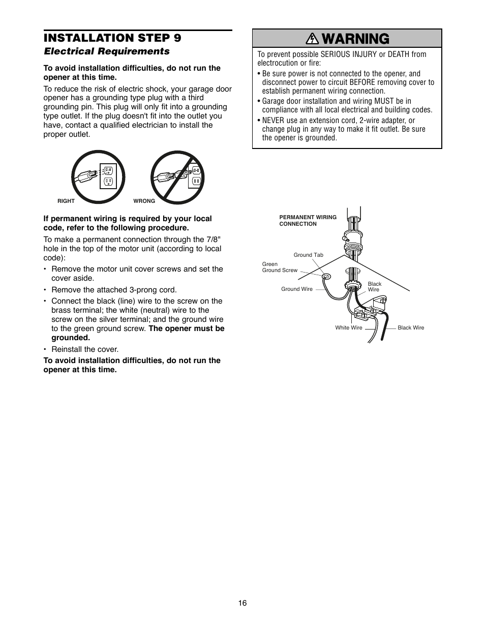 Installation step 9 electrical requirements, Warning caution warning warning, Installation step 9 | Chamberlain 2500D User Manual | Page 16 / 36