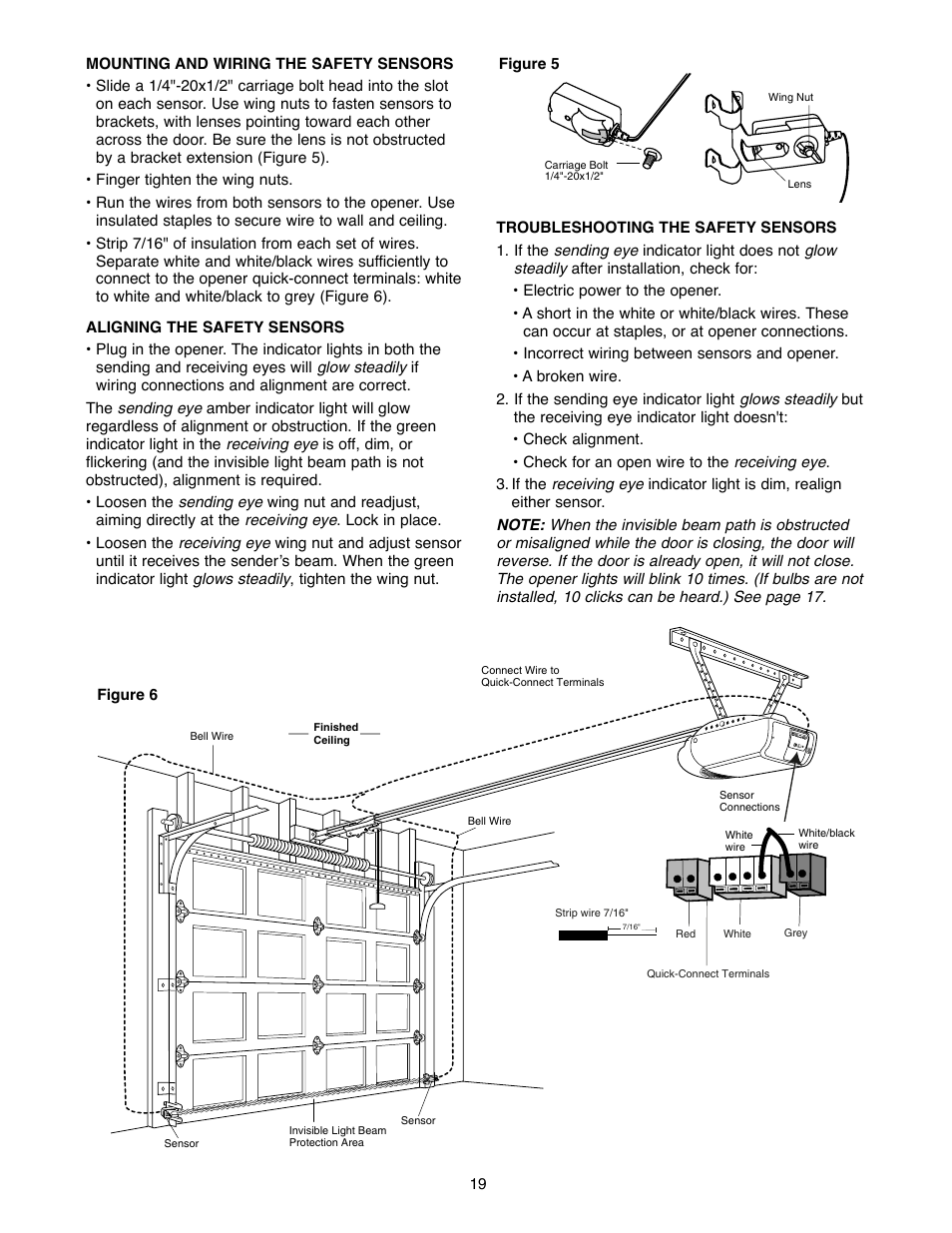 Mounting and wiring the safety sensors | Chamberlain 2500D User Manual | Page 19 / 36