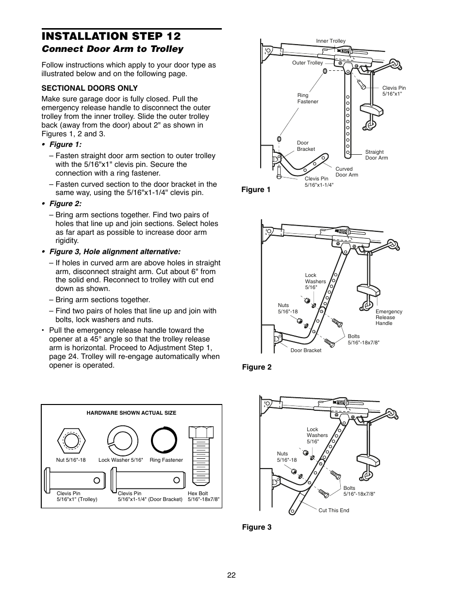 Installation step 12 connect door arm to trolley, Installation step 12, Connect door arm to trolley | Chamberlain 2500D User Manual | Page 22 / 36