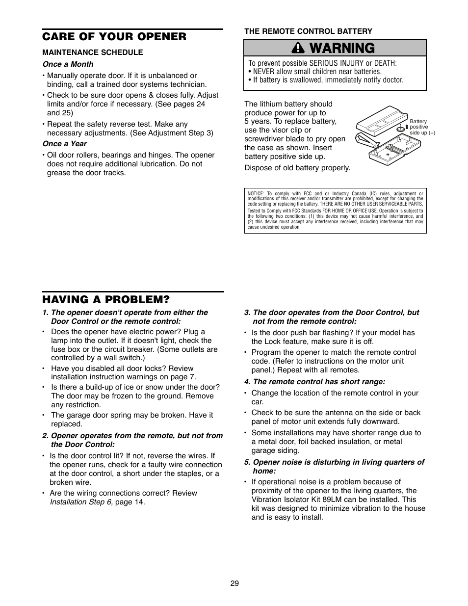 Care of your opener, Having a problem, Warning caution warning warning | Chamberlain 2500D User Manual | Page 29 / 36