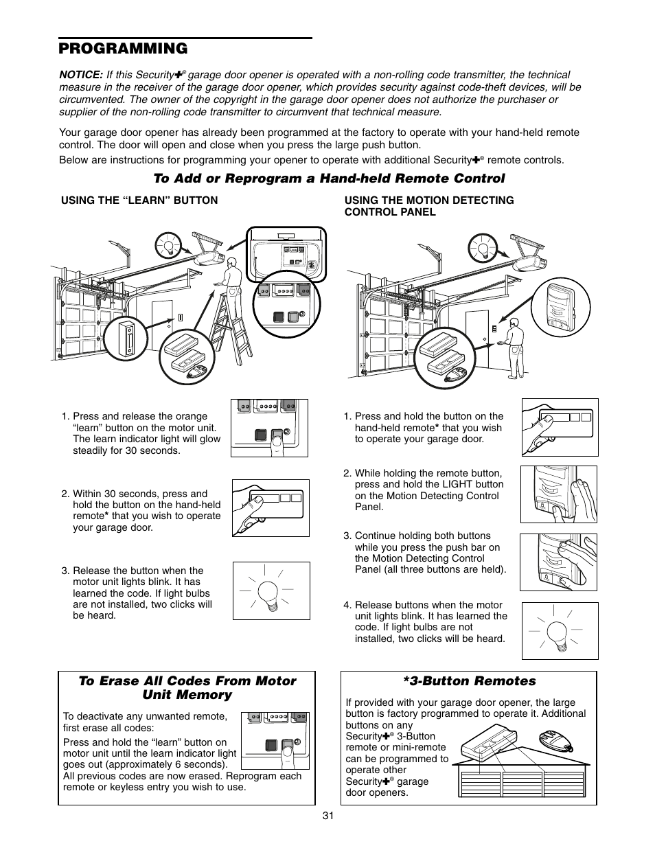 Programming, Button remotes | Chamberlain 2500D User Manual | Page 31 / 36