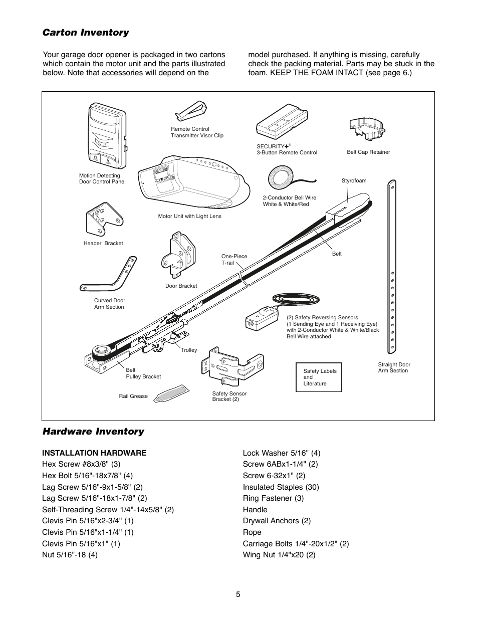 Carton inventory, Hardware inventory, Carton inventory hardware inventory | Chamberlain 2500D User Manual | Page 5 / 36