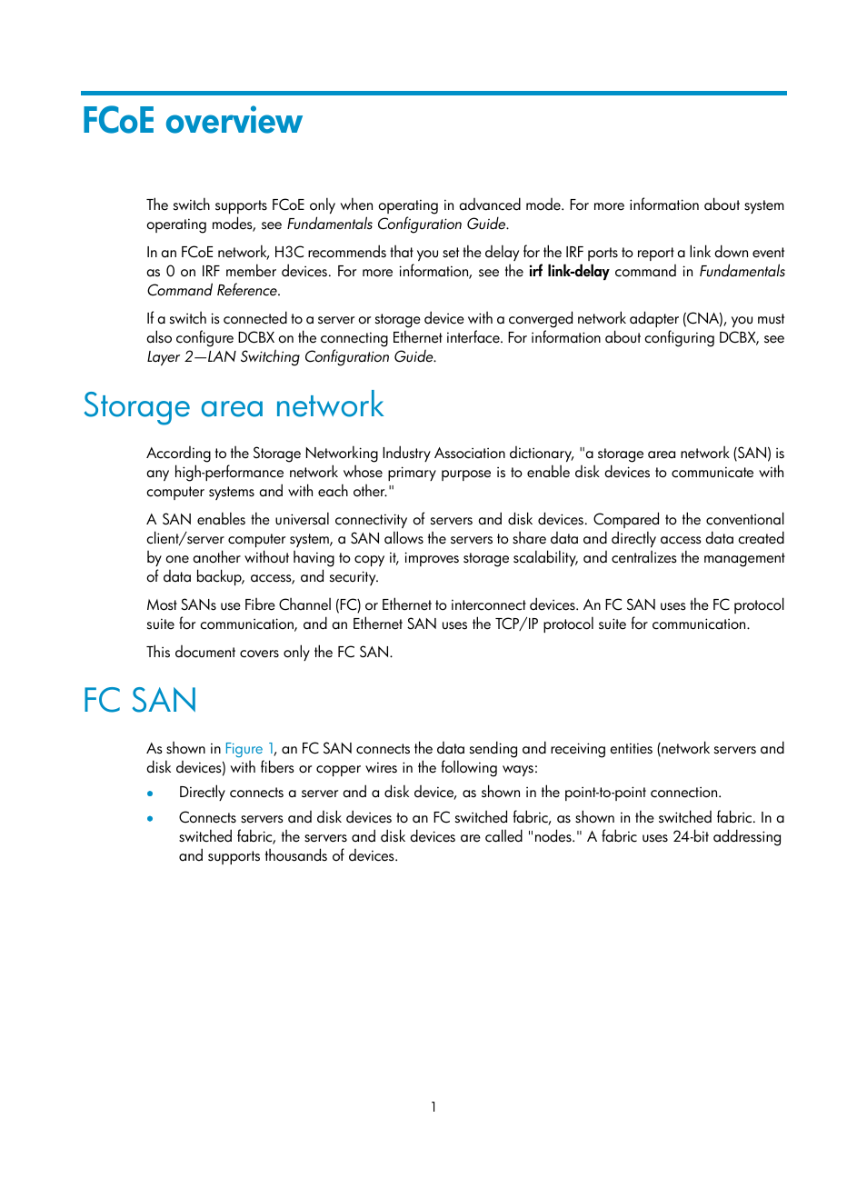 Fcoe overview, Storage area network, Fc san | H3C Technologies H3C S12500-X Series Switches User Manual | Page 10 / 136