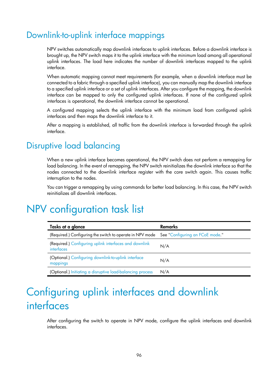 Downlink-to-uplink interface mappings, Disruptive load balancing, Npv configuration task list | H3C Technologies H3C S12500-X Series Switches User Manual | Page 105 / 136