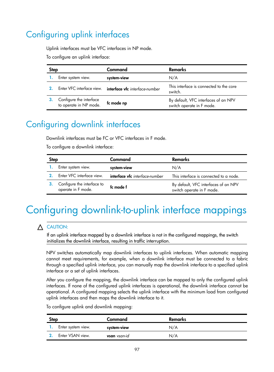 Configuring uplink interfaces, Configuring downlink interfaces, Configuring downlink-to-uplink interface mappings | Static fc routing configuration example, Network requirements, Configuring downlink-to-uplink interface, Mappings | H3C Technologies H3C S12500-X Series Switches User Manual | Page 106 / 136