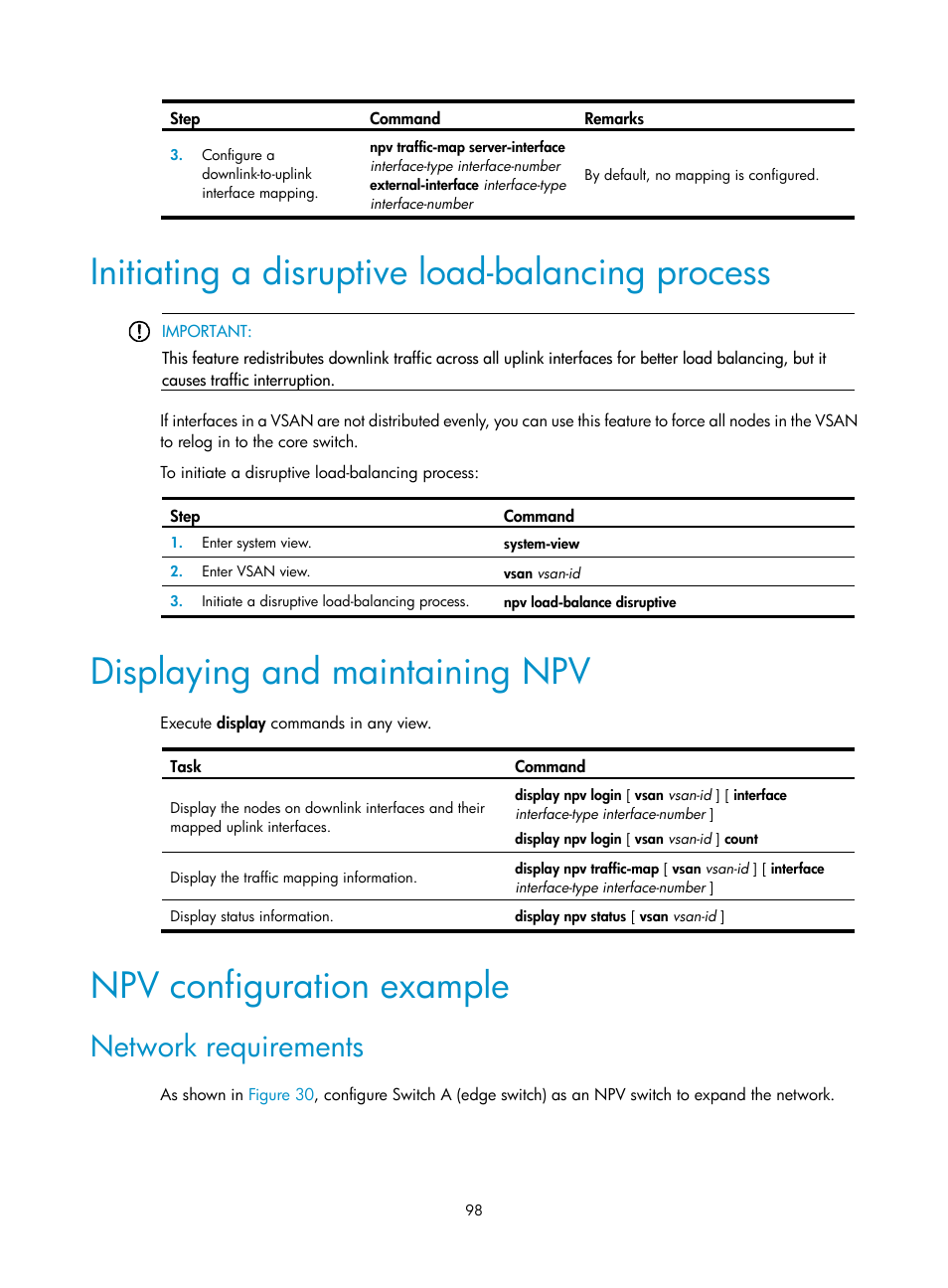 Initiating a disruptive load-balancing process, Displaying and maintaining npv, Npv configuration example | Network requirements, Configuration procedure | H3C Technologies H3C S12500-X Series Switches User Manual | Page 107 / 136