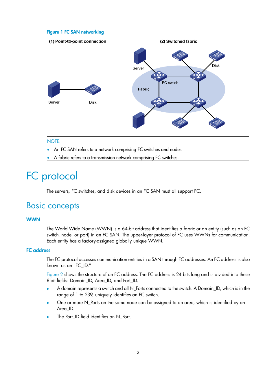 Fc protocol, Basic concepts, Fc address | Fc san | H3C Technologies H3C S12500-X Series Switches User Manual | Page 11 / 136
