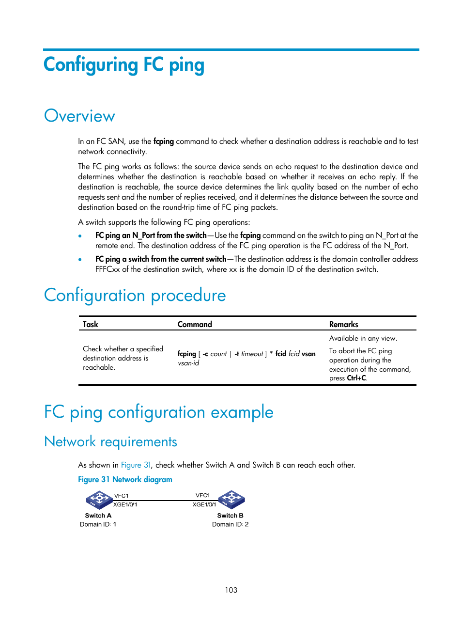 Configuring fc ping, Overview, Configuration procedure | Fc ping configuration example, Network requirements | H3C Technologies H3C S12500-X Series Switches User Manual | Page 112 / 136