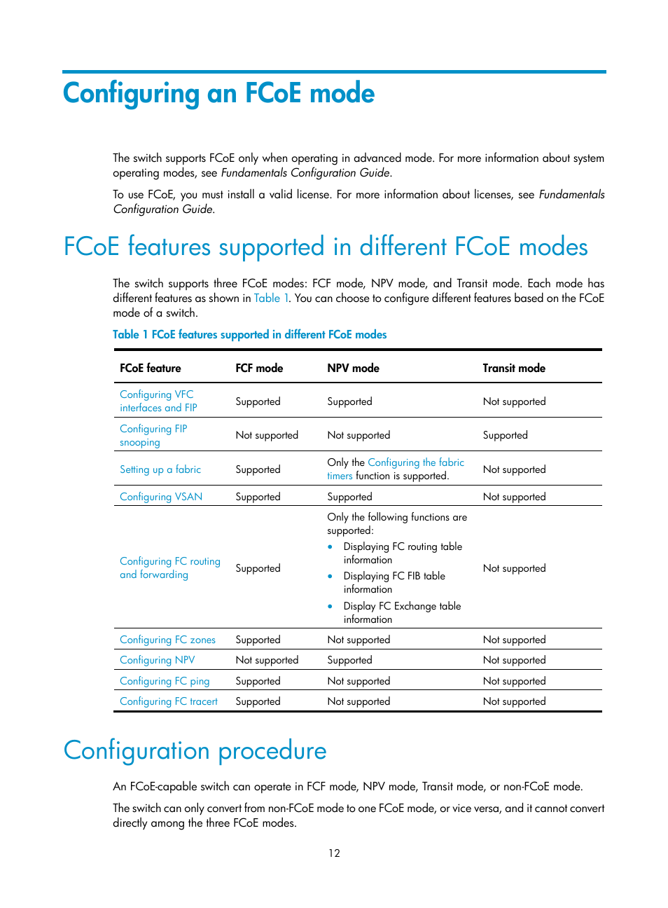 Configuring an fcoe mode, Fcoe features supported in different fcoe modes, Configuration procedure | Transit mode | H3C Technologies H3C S12500-X Series Switches User Manual | Page 21 / 136