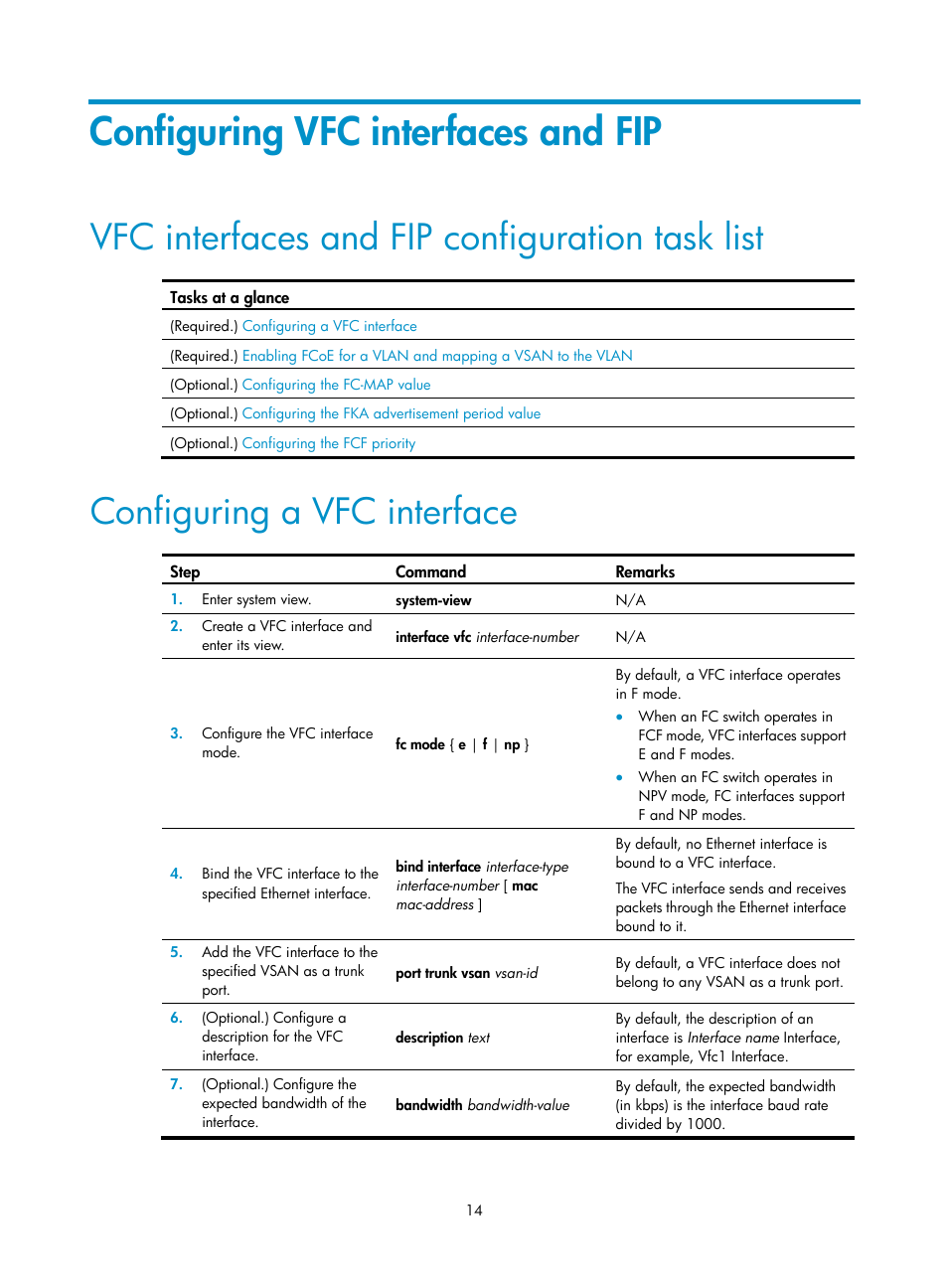 Configuring vfc interfaces and fip, Vfc interfaces and fip configuration task list, Configuring a vfc interface | Configuring an fcoe mode, Fcoe features supported in different fcoe modes | H3C Technologies H3C S12500-X Series Switches User Manual | Page 23 / 136