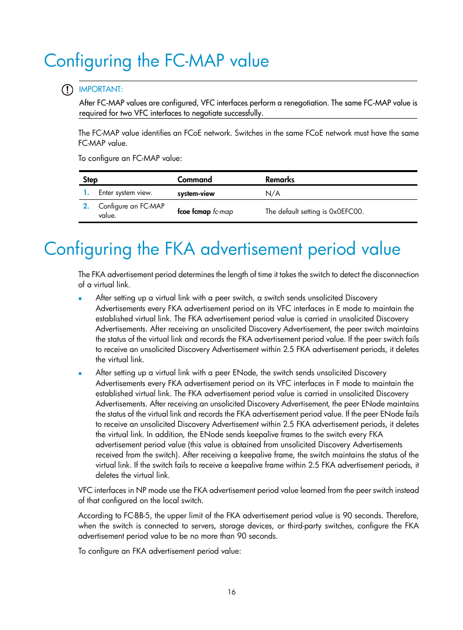 Configuring the fc-map value, Configuring the fka advertisement period value | H3C Technologies H3C S12500-X Series Switches User Manual | Page 25 / 136