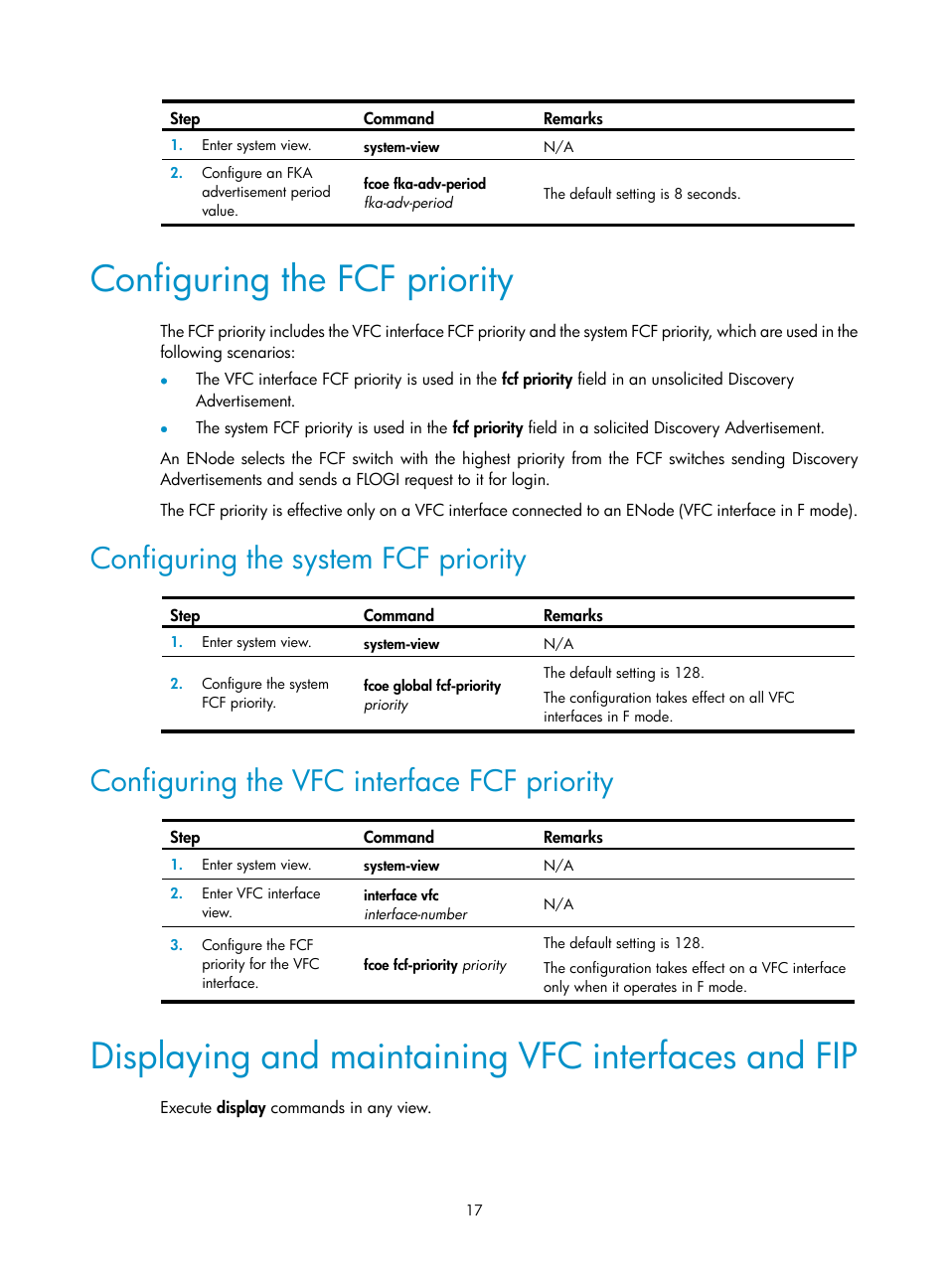 Configuring the fcf priority, Configuring the system fcf priority, Configuring the vfc interface fcf priority | Displaying and maintaining vfc interfaces and fip, Configuring vfc interfaces and fip, Vfc interfaces and fip configuration task list, Configuring a vfc interface | H3C Technologies H3C S12500-X Series Switches User Manual | Page 26 / 136
