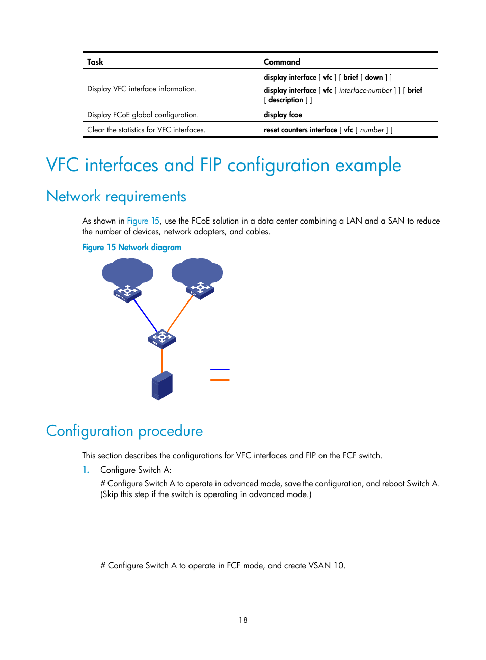 Vfc interfaces and fip configuration example, Network requirements, Configuration procedure | H3C Technologies H3C S12500-X Series Switches User Manual | Page 27 / 136