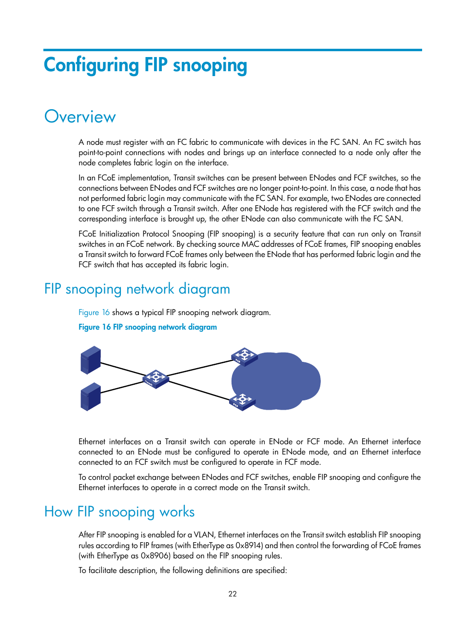 Configuring fip snooping, Overview, Fip snooping network diagram | How fip snooping works, Configuring the fcf priority, Configuring the system fcf priority, Configuring the vfc interface fcf priority | H3C Technologies H3C S12500-X Series Switches User Manual | Page 31 / 136