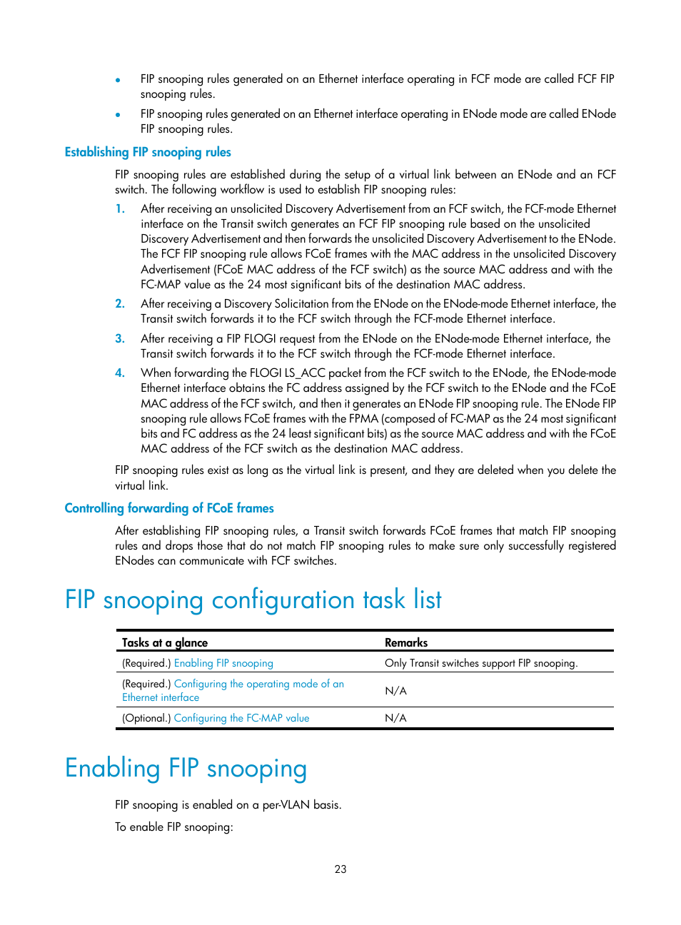 Establishing fip snooping rules, Controlling forwarding of fcoe frames, Fip snooping configuration task list | Enabling fip snooping, Displaying and maintaining vfc interfaces and fip | H3C Technologies H3C S12500-X Series Switches User Manual | Page 32 / 136