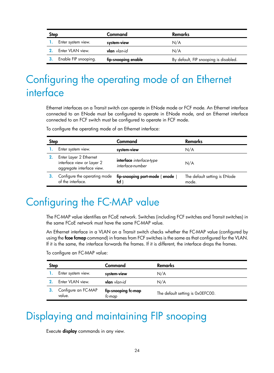 Configuring the fc-map value, Displaying and maintaining fip snooping, Vfc interfaces and fip configuration example | Network requirements, Required.), Configuring the operating mode of an, Ethernet interface | H3C Technologies H3C S12500-X Series Switches User Manual | Page 33 / 136