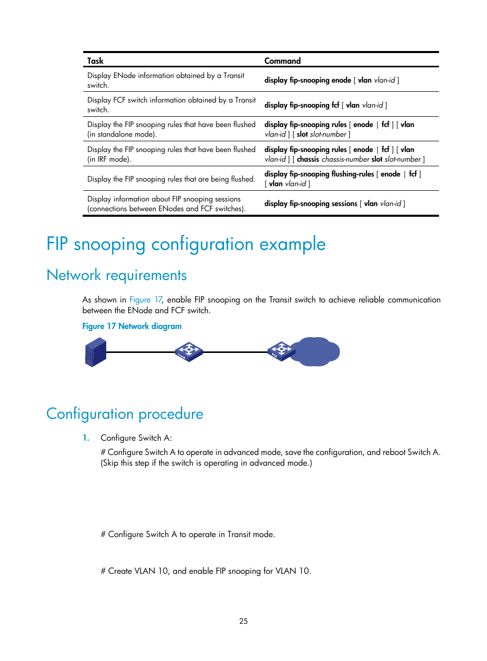 Fip snooping configuration example, Network requirements, Configuration procedure | H3C Technologies H3C S12500-X Series Switches User Manual | Page 34 / 136
