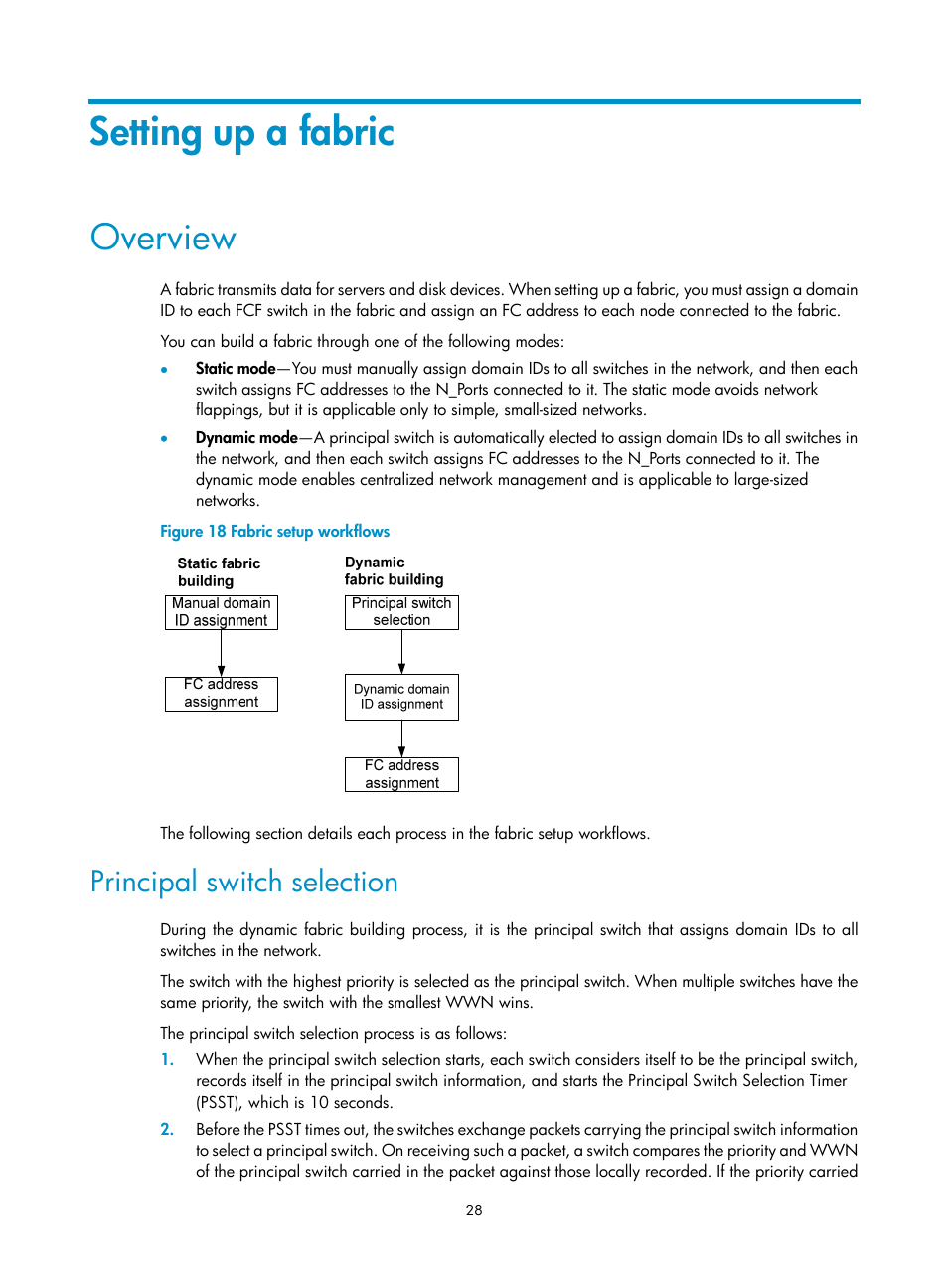 Setting up a fabric, Overview, Principal switch selection | Configuring fip snooping, Fip snooping network diagram | H3C Technologies H3C S12500-X Series Switches User Manual | Page 37 / 136