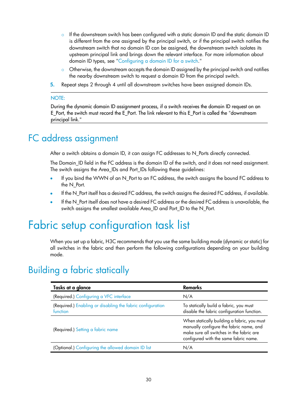 Fc address assignment, Fabric setup configuration task list, Building a fabric statically | Fip snooping configuration task list, Enabling fip snooping | H3C Technologies H3C S12500-X Series Switches User Manual | Page 39 / 136