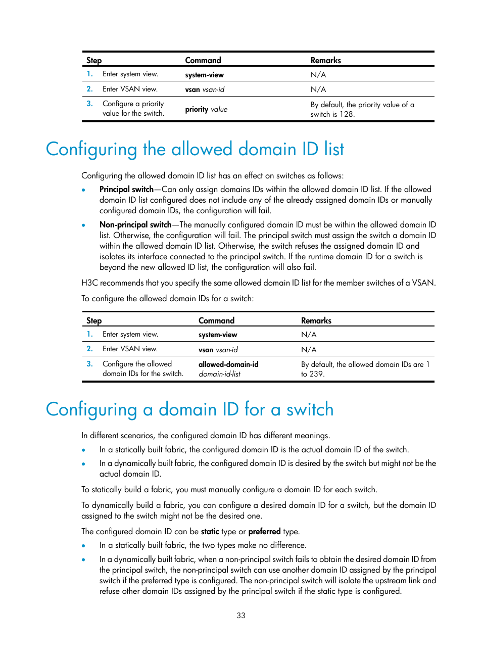 Configuring the allowed domain id list, Configuring a domain id for a switch, Fip snooping configuration example | Network requirements, Configuration procedure, Required.) | H3C Technologies H3C S12500-X Series Switches User Manual | Page 42 / 136
