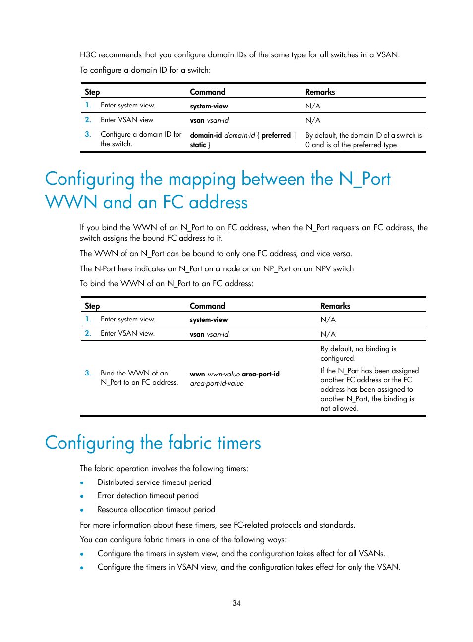 Configuring the fabric timers, Configuring the fabric, Timers | Optional.), Configuring the mapping between the n_port wwn, And an fc address | H3C Technologies H3C S12500-X Series Switches User Manual | Page 43 / 136