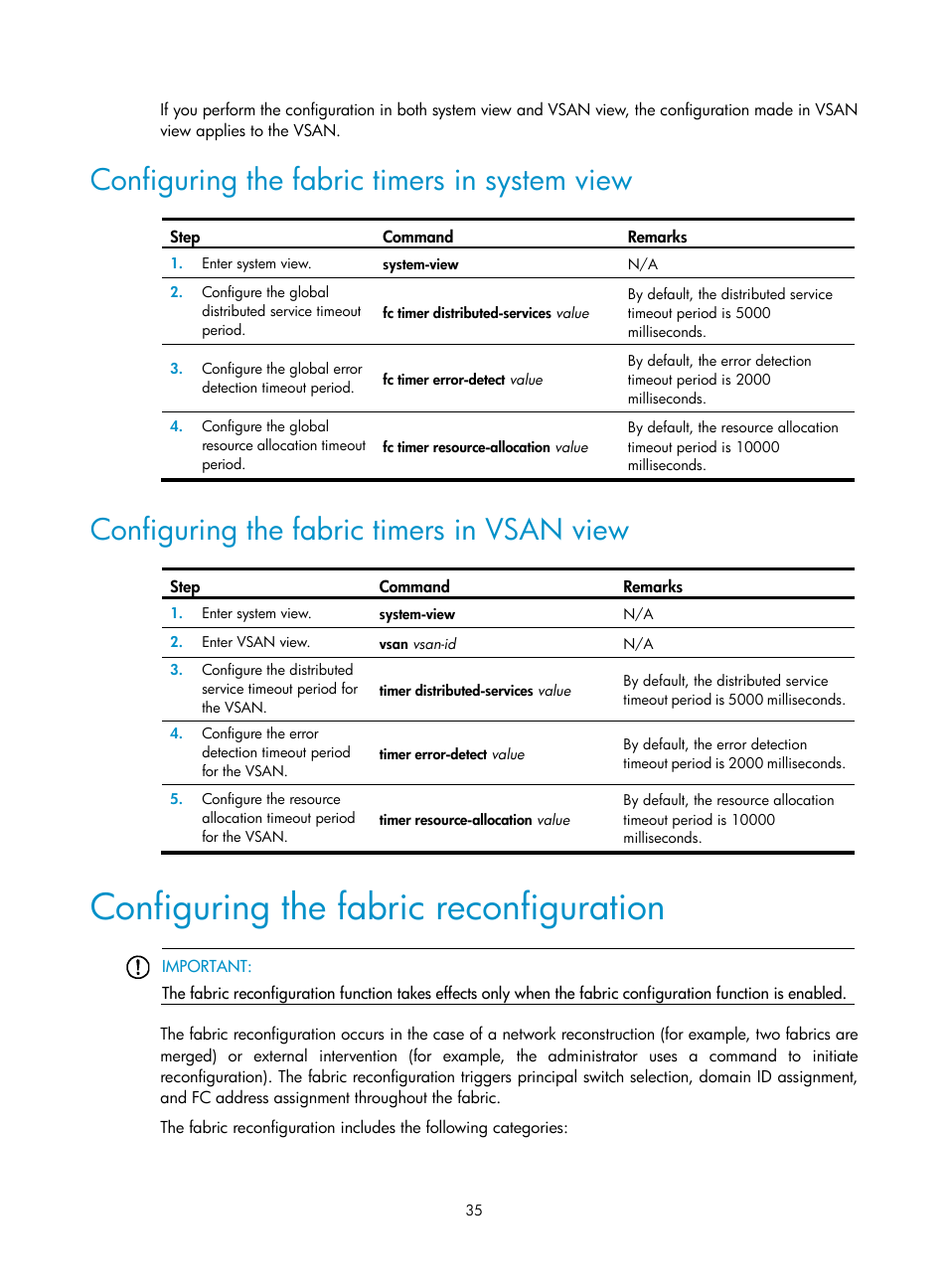 Configuring the fabric timers in system view, Configuring the fabric timers in vsan view, Configuring the fabric reconfiguration | Verifying the configuration | H3C Technologies H3C S12500-X Series Switches User Manual | Page 44 / 136