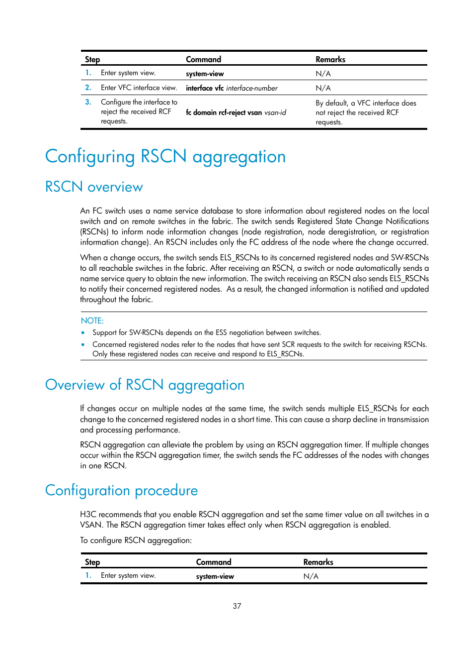 Configuring rscn aggregation, Rscn overview, Overview of rscn aggregation | Configuration procedure, Setting up a fabric, Overview | H3C Technologies H3C S12500-X Series Switches User Manual | Page 46 / 136