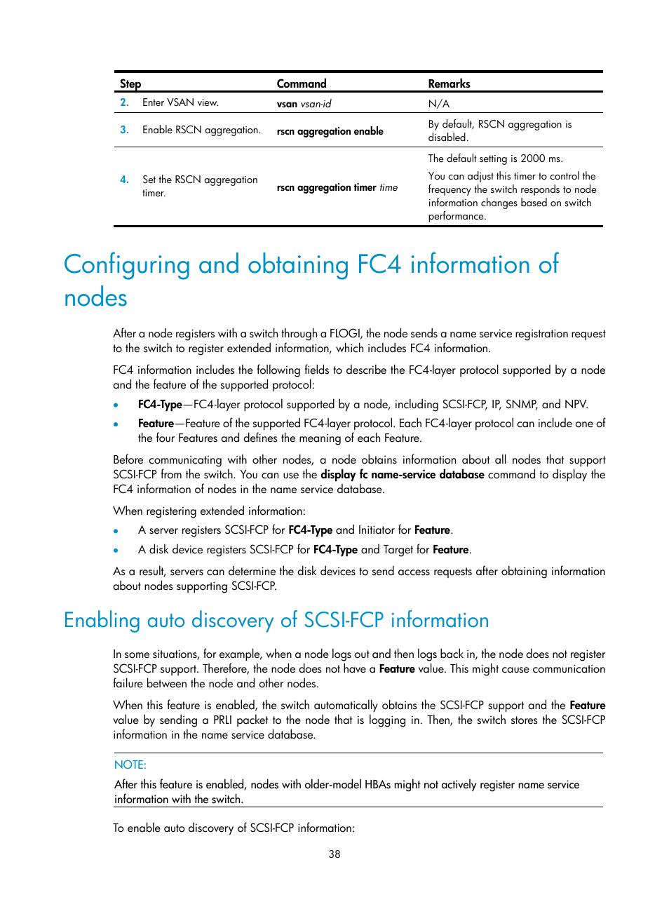 Configuring and obtaining fc4 information of nodes, Enabling auto discovery of scsi-fcp information, Principal switch selection | Optional.) | H3C Technologies H3C S12500-X Series Switches User Manual | Page 47 / 136
