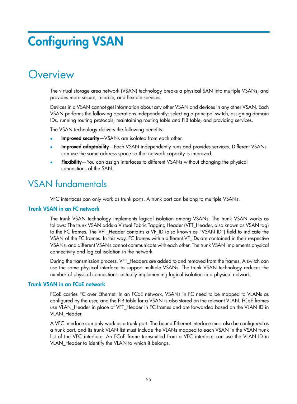 Configuring vsan, Overview, Vsan fundamentals | Trunk vsan in an fc network, Trunk vsan in an fcoe network, Enabling auto discovery of scsi-fcp information, Configuring the default fc4 information for a node | H3C Technologies H3C S12500-X Series Switches User Manual | Page 64 / 136