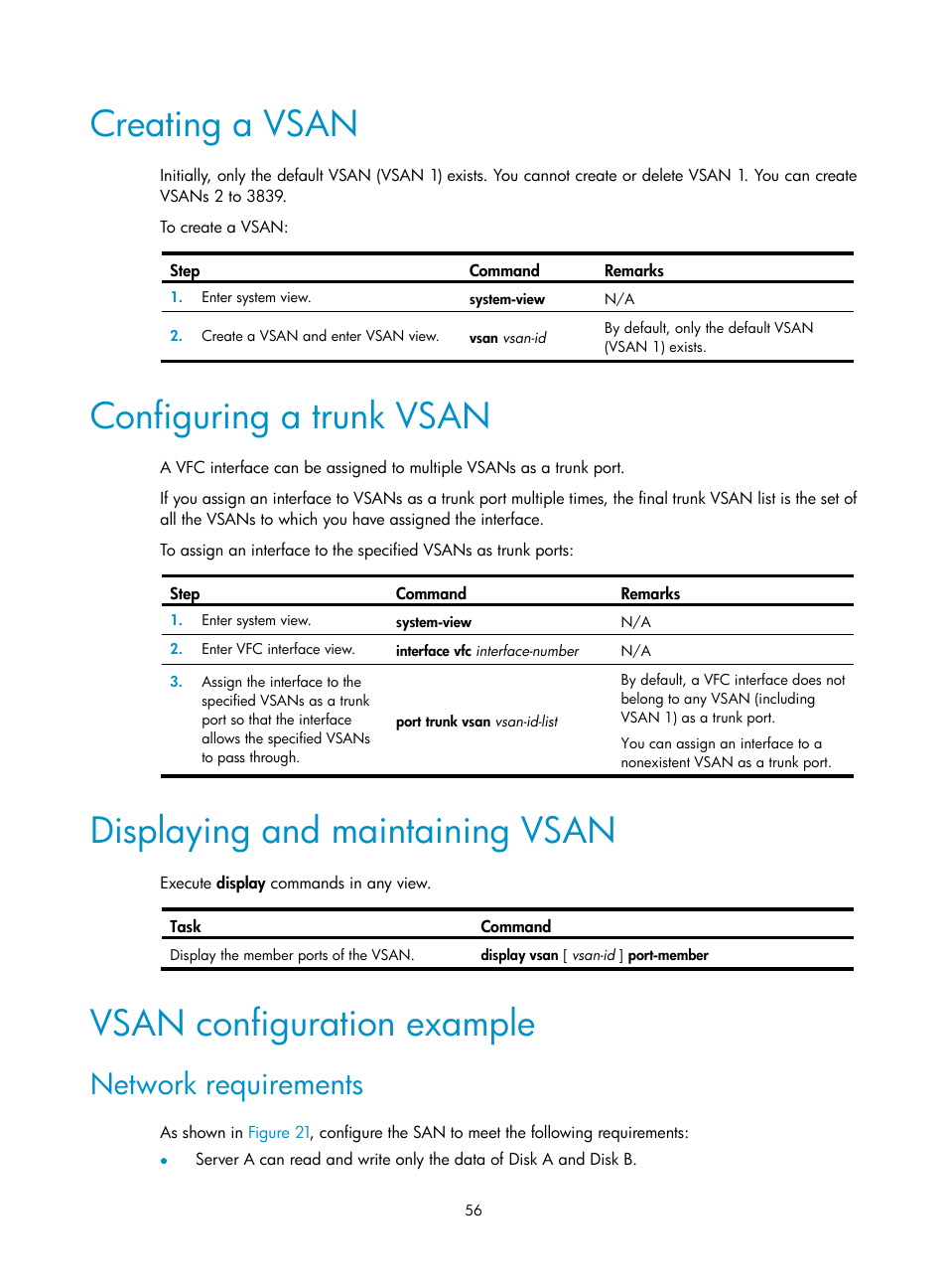 Creating a vsan, Configuring a trunk vsan, Displaying and maintaining vsan | Vsan configuration example, Network requirements, Displaying and maintaining a fabric, Static fabric building configuration example | H3C Technologies H3C S12500-X Series Switches User Manual | Page 65 / 136