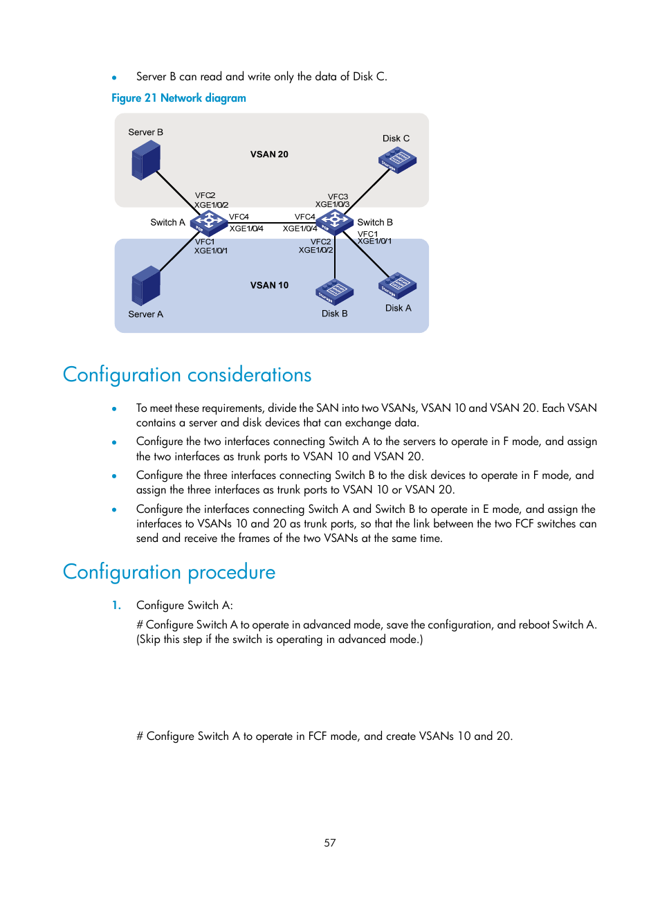 Configuration considerations, Configuration procedure, Network requirements | H3C Technologies H3C S12500-X Series Switches User Manual | Page 66 / 136