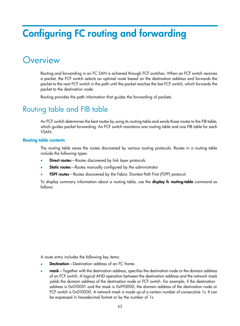 Configuring fc routing and forwarding, Overview, Routing table and fib table | Routing table contents, Verifying the configuration | H3C Technologies H3C S12500-X Series Switches User Manual | Page 71 / 136