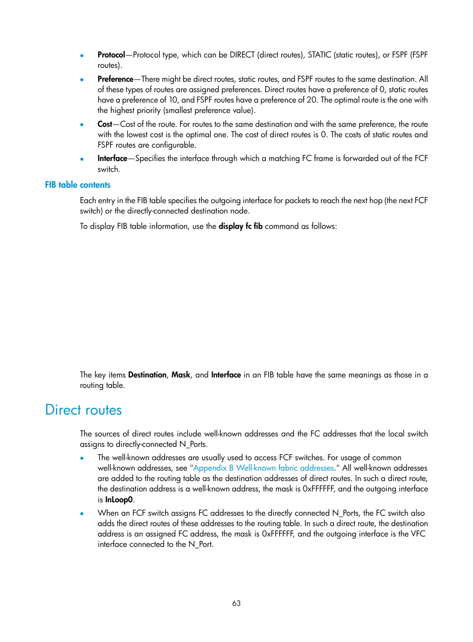 Fib table contents, Direct routes | H3C Technologies H3C S12500-X Series Switches User Manual | Page 72 / 136