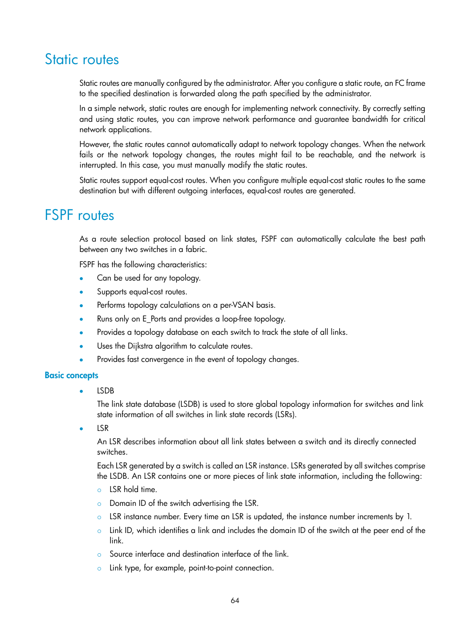 Static routes, Fspf routes, Basic concepts | Dynamic fabric building configuration example, Network requirements | H3C Technologies H3C S12500-X Series Switches User Manual | Page 73 / 136